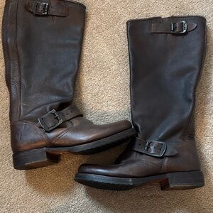 Frye Dark Brown Leather Boots with Contrast Stitching
